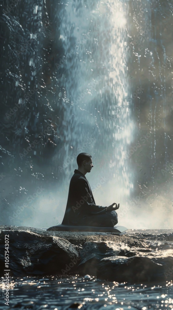 In the image, a serene man is captured in a meditative posture, sitting cross-legged on a rock with his hands resting on his knees. The picture is backlit by a soft light which illuminates the cascadi In the image, a serene man is captured in a meditative posture, sitting cross-legged on a rock with his hands resting on his knees. The picture is backlit by a soft light which illuminates the cascadi