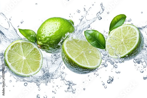 Cutted lime with leaves in water splashes isolated on white background.