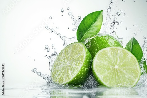 Cutted lime with leaves in water splashes isolated on white background.