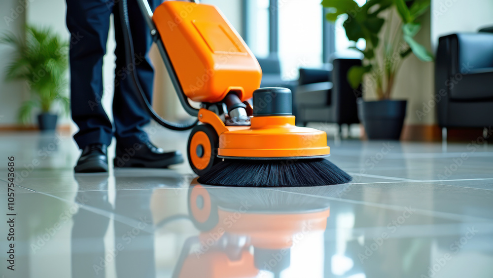 Worker in Dark Attire Polishing a Gleaming Floor with an Orange Machine Worker in Dark Attire Polishing a Gleaming Floor with an Orange Machine