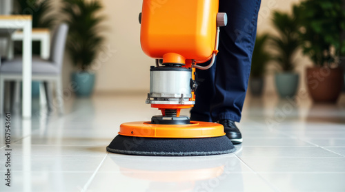 High-Quality Floor Maintenance by a Person Using an Orange Polisher in a Commercial Setting