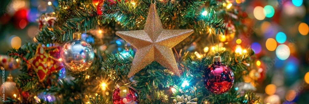 Sparkling Christmas tree with golden star and ornaments Sparkling Christmas tree with golden star and ornaments