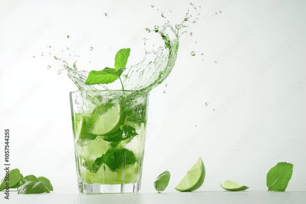 Fresh mojito drink with splash spiral around glass. Isolated on white background mojito mojito Fresh mojito drink with splash spiral around glass. Isolated on white background mojito mojito