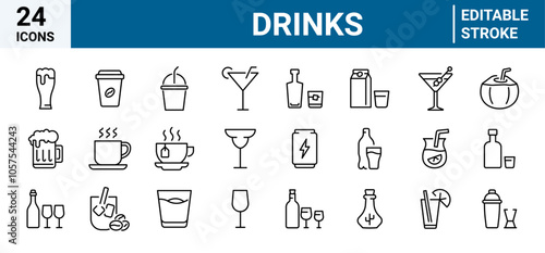Drinks web icons in line style. Coffee, tea, soda, beer, alcohol, coctail, energy, wine, collection. Vector illustration.
