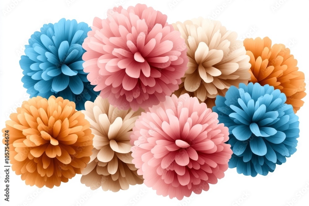 a 2D cartoon illustration of a pile of pom-poms ready for crafting playful and soft white background