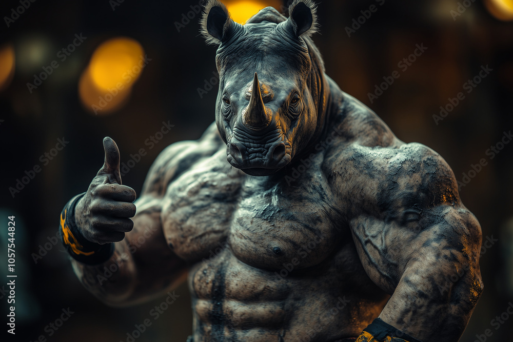 Powerful muscular rhinoceros with a human body showing a thumbs up gesture on a dark background. Powerful muscular rhinoceros with a human body showing a thumbs up gesture on a dark background.