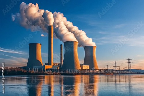 Power plant generating energy with steam rising against a clear sky at sunset by a river photo