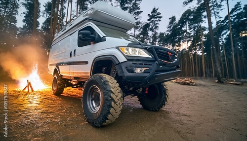 Futuristic offroad camper van on rocks in the woods