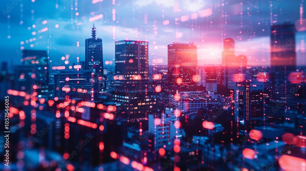 Digital Cityscape with Neon Lights and Data Overlay Digital Cityscape with Neon Lights and Data Overlay