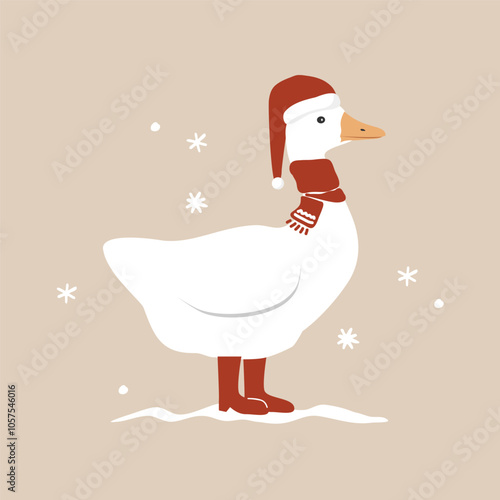 Cute funny cartoon goose in red scarf, Santa Claus hat and boots. Merry Christmas character. Vector isolated illustration