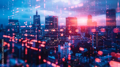 Wallpaper Mural Digital Cityscape with Neon Lights and Data Overlay Torontodigital.ca