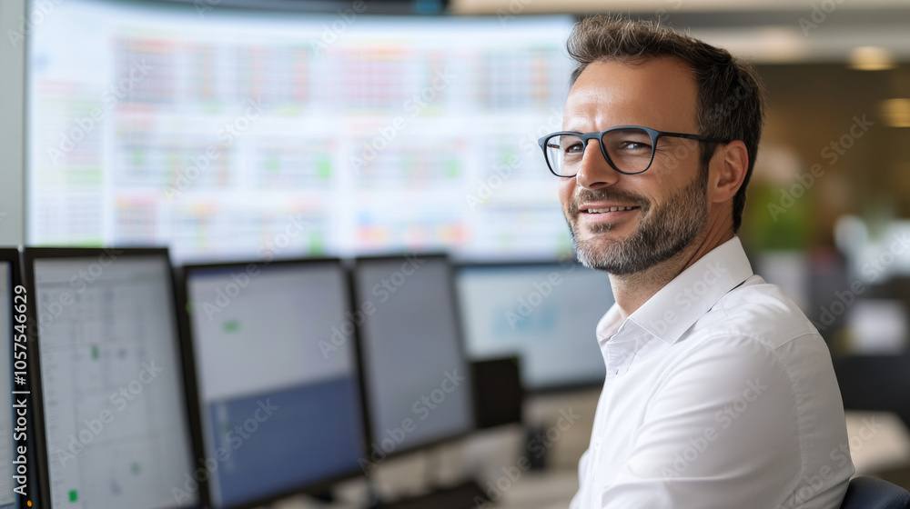 Obraz premium Efficient operations manager smiling at computer screens in office