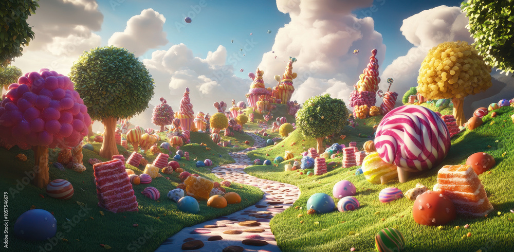 whimsical candy land with colorful hills, trees, and sweet treats whimsical candy land with colorful hills, trees, and sweet treats