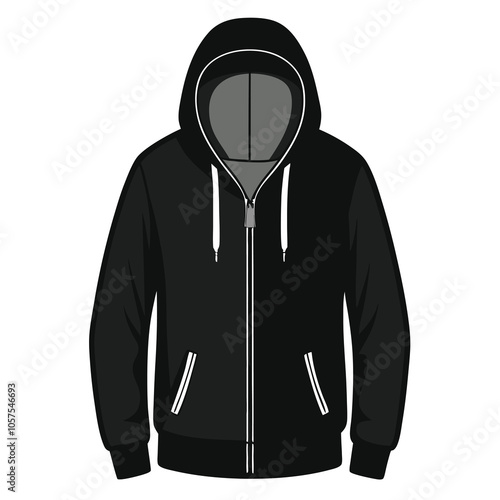 Realistic black hoodie with zipper, with long sleeves and pockets, casual unisex model