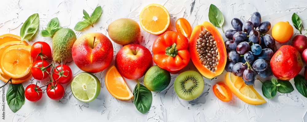 Fresh fruits and vegetables lying on the white tabletop. Fresh fruits and vegetables lying on the white tabletop.