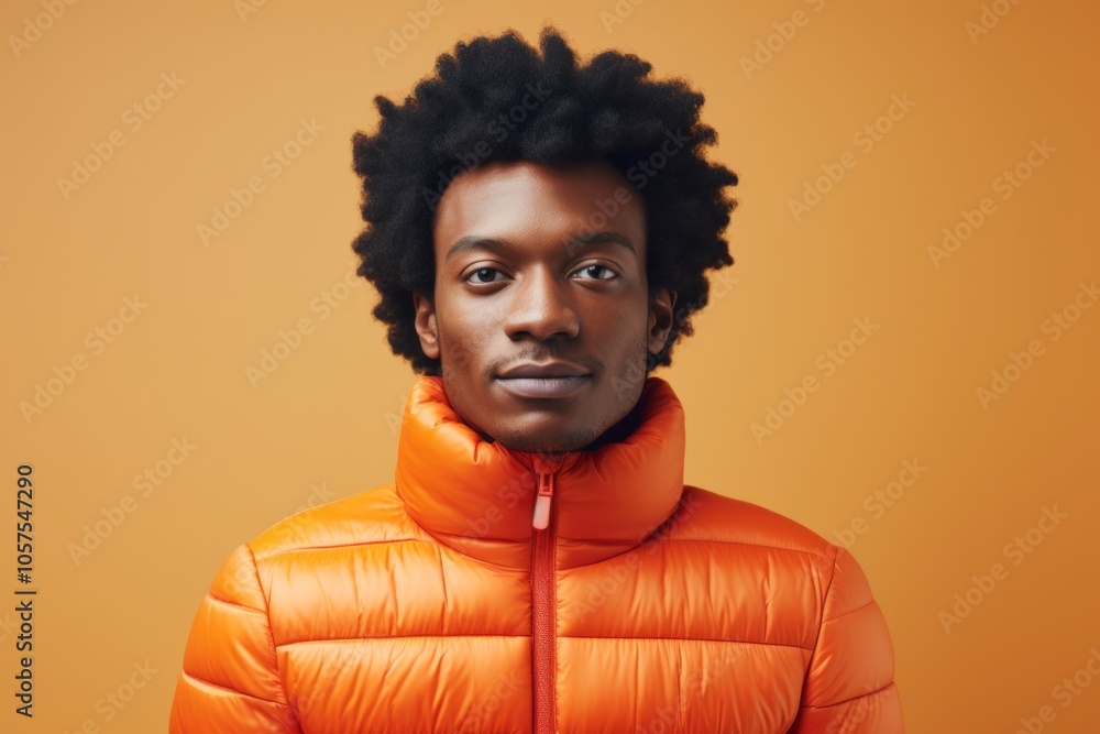 Obraz premium Portrait of a satisfied afro-american man in his 20s dressed in a thermal insulation vest while standing against light wood minimalistic setup
