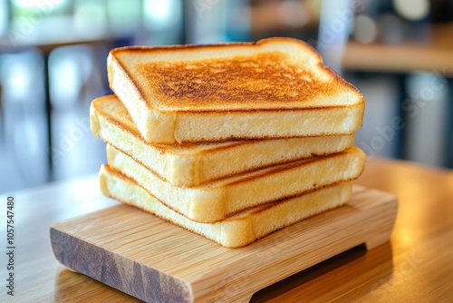 Butter melting on freshly toasted bread, with soft golden textures and rich, warm lighting capturing the comfort of homemade food, symbolizing warmth and ease photo