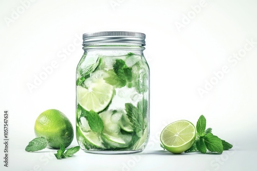 mojito mojito Mason jar of tasty mojito and ingredients on white background