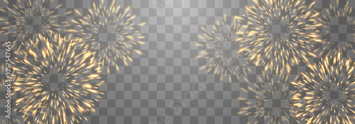 Vector festive fireworks isolated on png. New Year's Eve fireworks with brightly shining sparks. Realistic sparks and explosions. Colorful pyrotechnics show. Vector isolated on png background