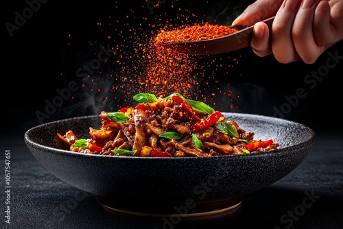 Fototapeta Naklejka Na Ścianę i Meble -  Chefâ€™s hand sprinkling chili flakes over a sizzling dish, with vibrant red flakes against a warm, savory background, symbolizing spice and boldness