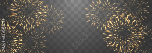 Vector festive fireworks isolated on png. New Year's Eve fireworks with brightly shining sparks. Realistic sparks and explosions. Colorful pyrotechnics show. Vector isolated on png background.