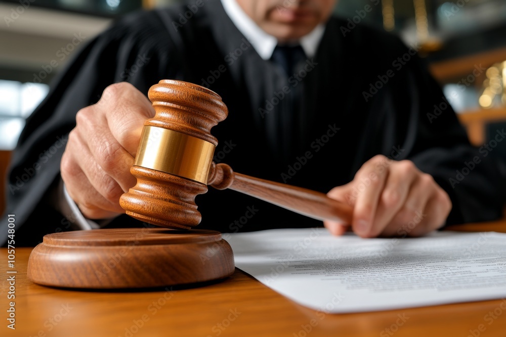 Close-up of a judge’s bench, with a wooden gavel and legal documents, capturing the authority and weight of judicial decision-making, symbolizing order and justice Close-up of a judge’s bench, with a wooden gavel and legal documents, capturing the authority and weight of judicial decision-making, symbolizing order and justice