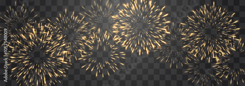 Vector festive fireworks isolated on png. New Year's Eve fireworks with brightly shining sparks. Realistic sparks and explosions. Colorful pyrotechnics show. Vector isolated on png background.
