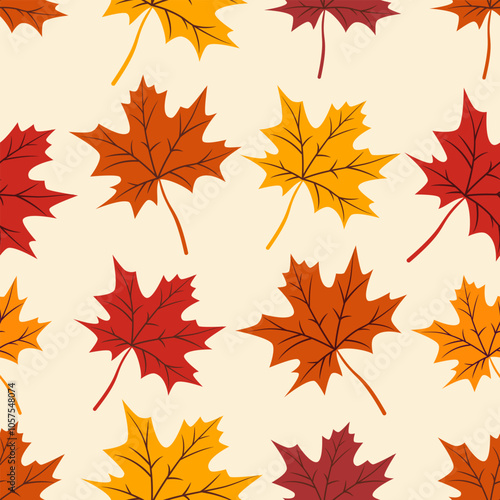 Autumn leaves seamless pattern background vector design template. Repeating texture tile. Natural backdrop. Fashion textule fabric print. Gift paper wrapper. Cozy yellow, orange, brown colors.