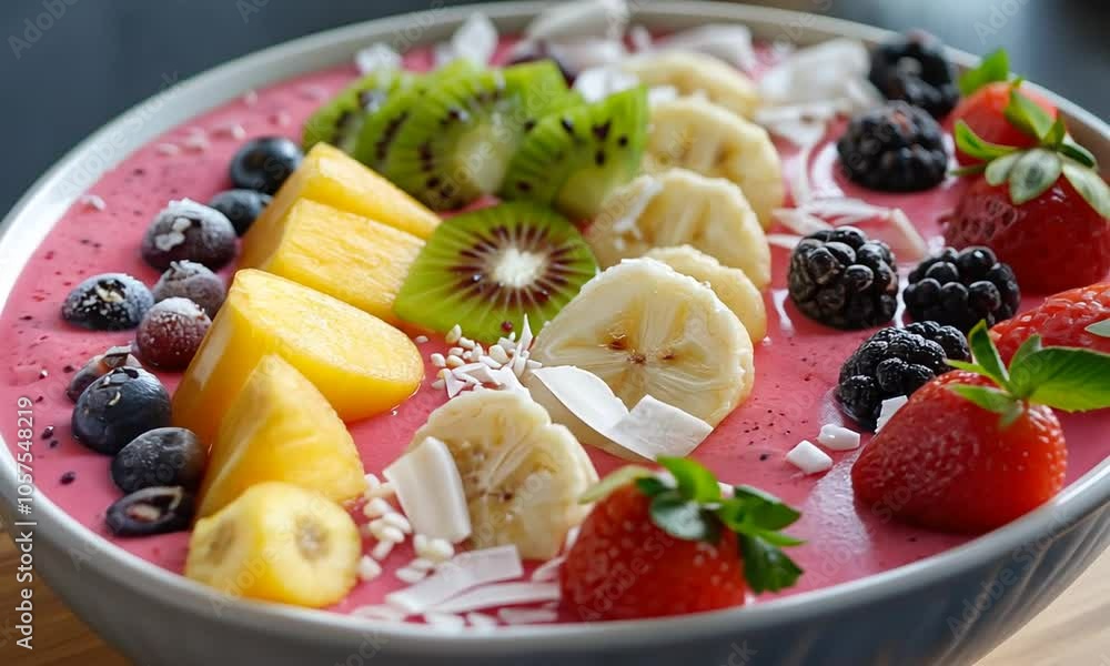 Vibrant Pink Smoothie Bowl with Tropical Fruits Vibrant Pink Smoothie Bowl with Tropical Fruits