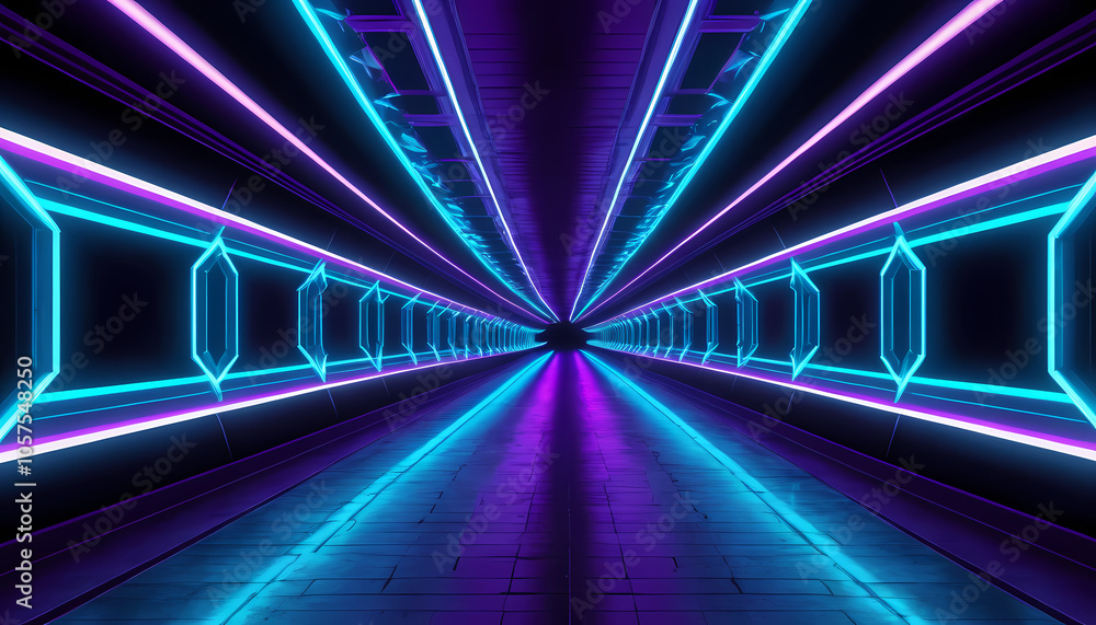 A futuristic neon light tunnel with vibrant blue and purple lights A futuristic neon light tunnel with vibrant blue and purple lights