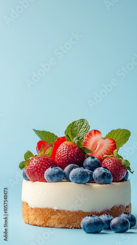 Delicious fruittopped cheesecake featuring fresh strawberries and blueberries with a mint garnish for a refreshing treat photo