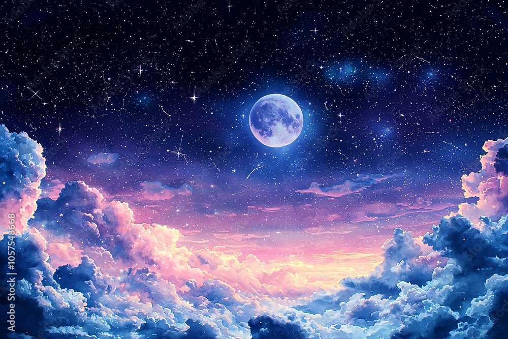 Night Sky with Full Moon and Stars Above Dreamy Clouds Night Sky with Full Moon and Stars Above Dreamy Clouds