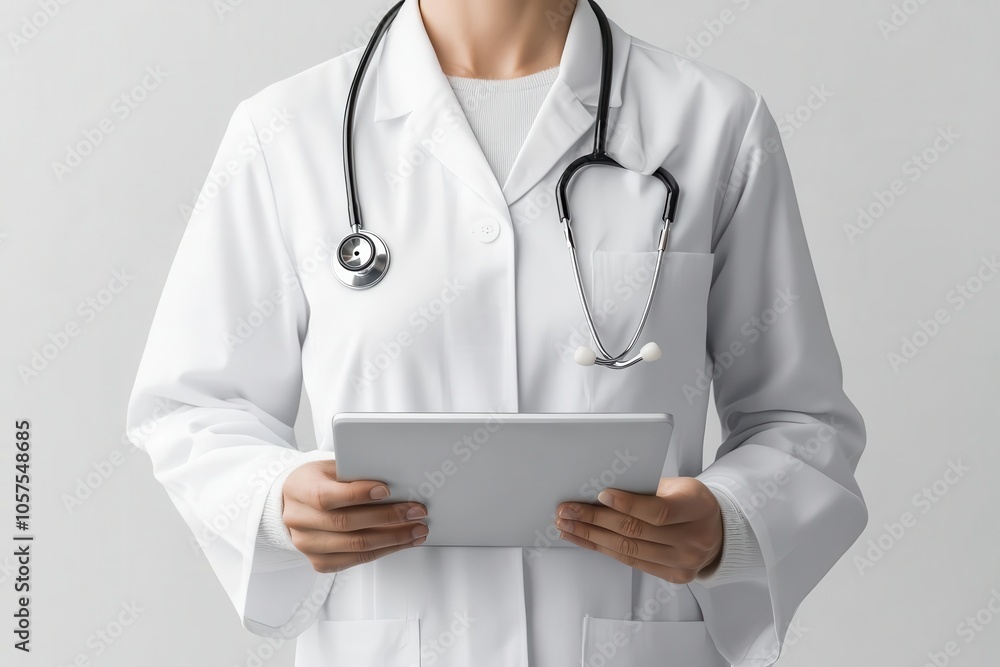 Female doctor with stethoscope around neck, tablet in hand, modern healthcare Female doctor with stethoscope around neck, tablet in hand, modern healthcare