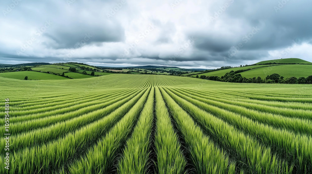 Expansive green fields with neatly arranged rows of crops under a cloudy sky, surrounded by rolling hills and distant trees. Expansive green fields with neatly arranged rows of crops under a cloudy sky, surrounded by rolling hills and distant trees.