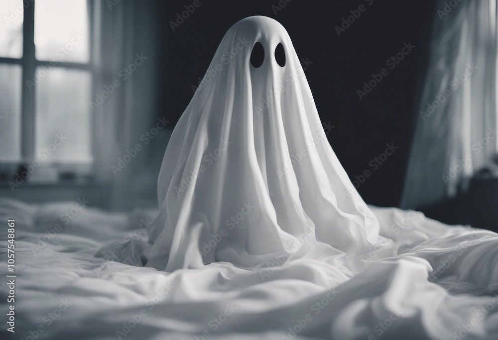 White scary ghost figure draped in white sheets with hollow black eyes Spooky Halloween atmosphere White scary ghost figure draped in white sheets with hollow black eyes Spooky Halloween atmosphere
