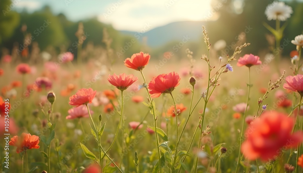 Fototapeta premium Bicycle flora style, meadow with red and pink flowers background