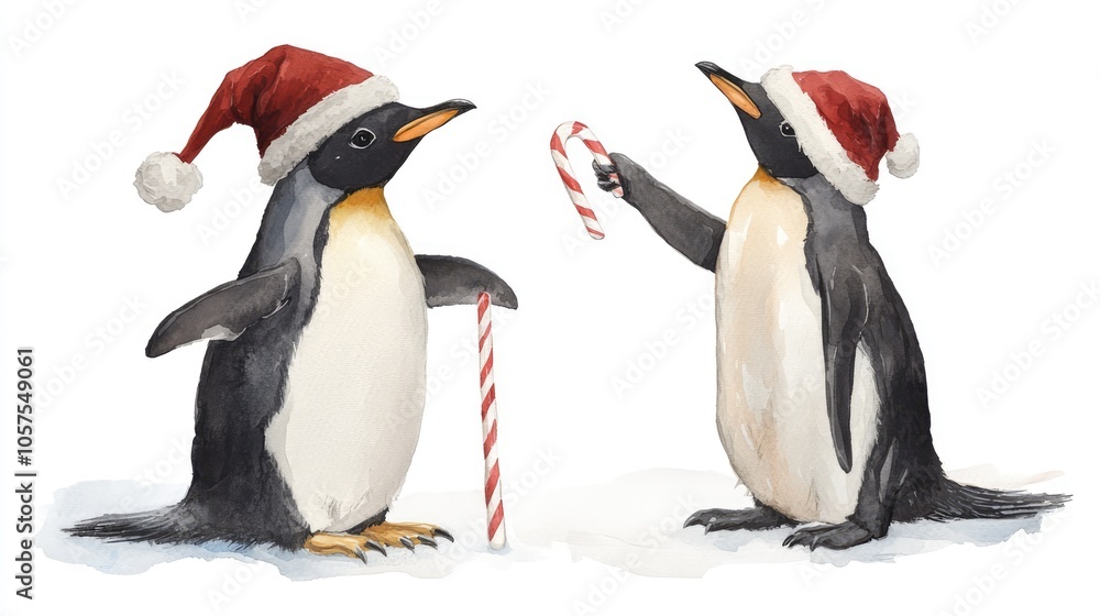 Cute Penguins in Santa Hats with Candy Canes Cute Penguins in Santa Hats with Candy Canes