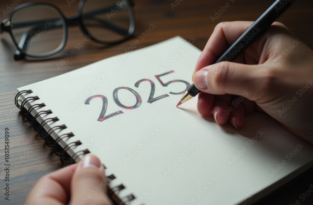No face image of person writing 2025 in notebook with black pen on wooden table No face image of person writing 2025 in notebook with black pen on wooden table