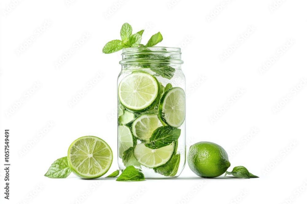 Mojito cocktail with lime and mint in glass jar isolated on white background Mojito cocktail with lime and mint in glass jar isolated on white background