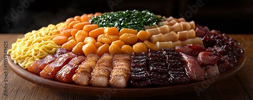 Chinese New Year Feast Traditional Lucky Foods on Wooden Plate photo