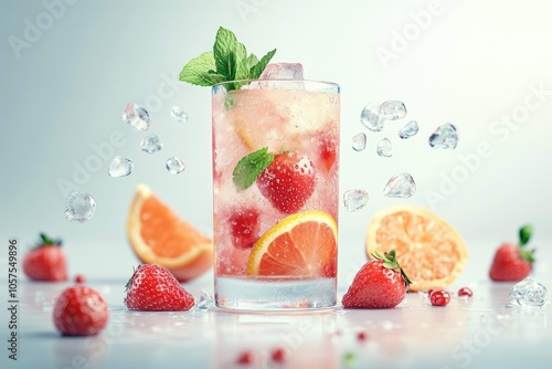 Elegant gin cocktail with strawberry and grapefruit.