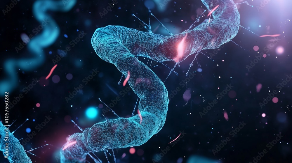 Detailed view of a microscopic DNA double helix structure illuminated by bright particles in a dark background Detailed view of a microscopic DNA double helix structure illuminated by bright particles in a dark background