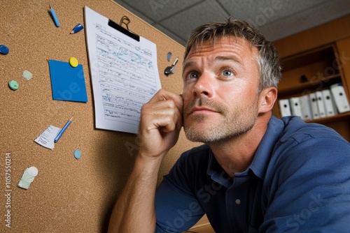 Detective studying a suspectâ€™s profile photo on a corkboard with clues, showing the intense focus and critical thinking in solving cases, symbolizing analysis and intuition photo