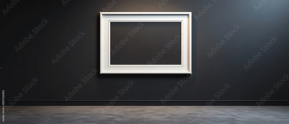 Spotlighted empty picture frame on a dark gallery wall, dramatic lighting highlighting frame edges in a minimalist art space Spotlighted empty picture frame on a dark gallery wall, dramatic lighting highlighting frame edges in a minimalist art space