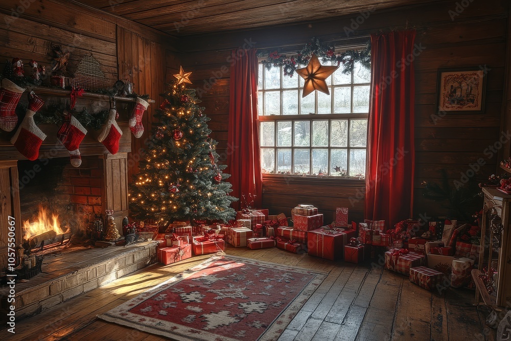 Cozy Christmas Room with Large Tree, Fireplace, and Presents, Featuring Warm Lighting and Mistletoe Accents Cozy Christmas Room with Large Tree, Fireplace, and Presents, Featuring Warm Lighting and Mistletoe Accents