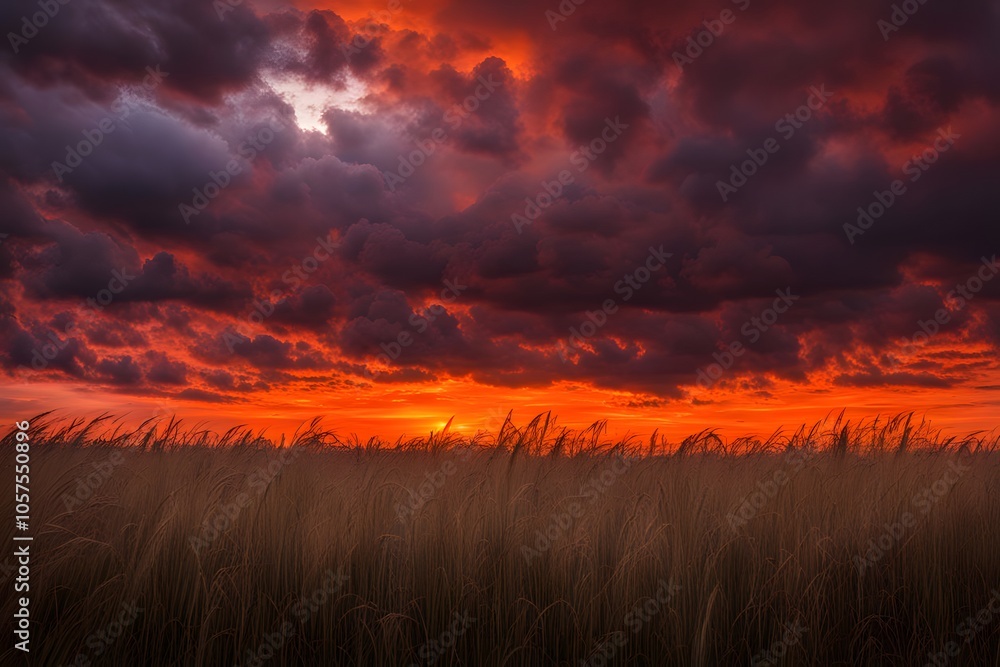 Dramatic fiery red and orange sunset with intense clouds over a calm field tall grass silhouettes, AI Generated Dramatic fiery red and orange sunset with intense clouds over a calm field tall grass silhouettes, AI Generated