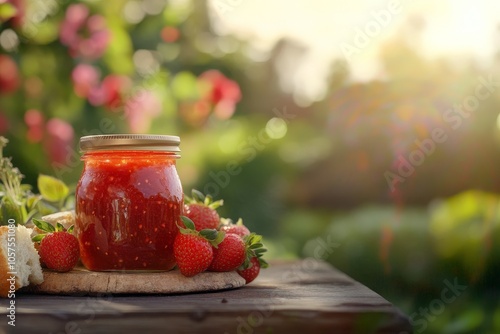 Strawberry Jam and Fresh Bread on a Wooden Table photo