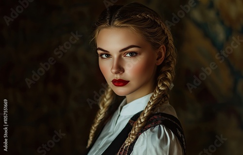 an attractive Russian woman wearing traditional attire, looking directly at the camera with soft lighting and shallow depth of field.