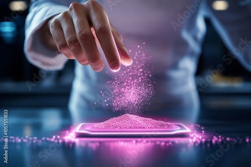 Fototapeta Naklejka Na Ścianę i Meble -  Futuristic chefâ€™s hand sprinkling holographic spices over a dish, with neon colors and digital particles capturing modern culinary innovation, symbolizing tech and creativity