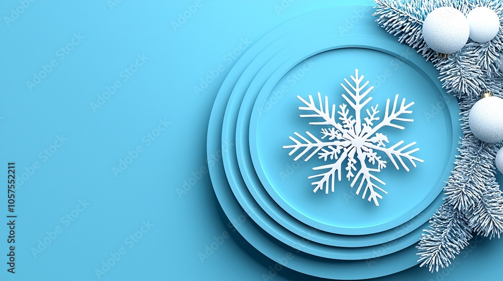 Fototapeta premium Blue Christmas Background with Snowflake Fir Branches and Ornaments